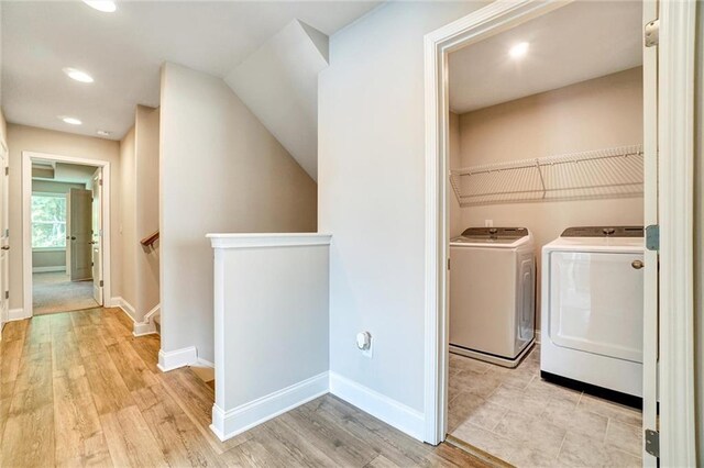 1858 Belmore St SE, Smyrna, GA 30080 - laundry area featuring washer and dryer, light wood-style flooring, and recessed lighting