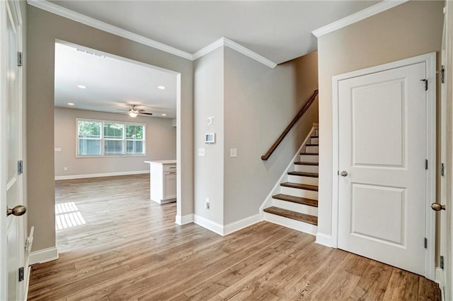 1858 Belmore St SE, Smyrna, GA 30080 - stairs with a ceiling fan, wood finished floors, ornamental molding, and recessed lighting
