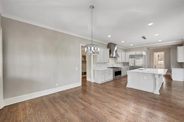 kitchen featuring tasteful backsplash, dark wood finished floors, high end appliances, wall chimney exhaust hood, and a sink