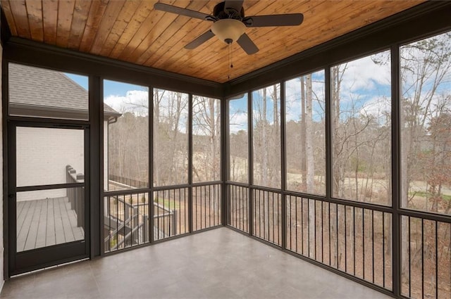 unfurnished sunroom with wood ceiling and a wealth of natural light