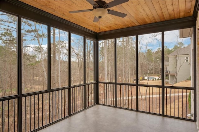 unfurnished sunroom with wooden ceiling and ceiling fan