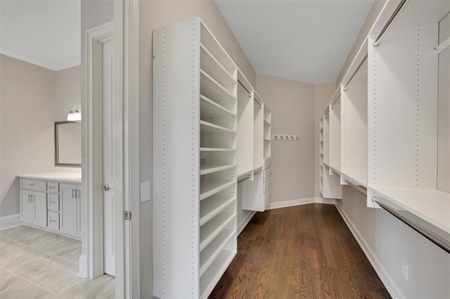 walk in closet with wood finished floors