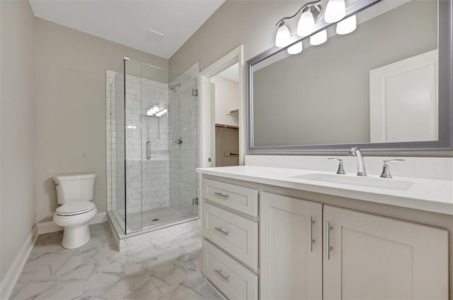 full bath with a stall shower, baseboards, toilet, marble finish floor, and vanity