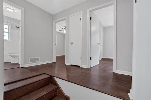 staircase with wood-type flooring and ceiling fan