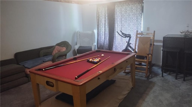 game room with pool table and carpet flooring