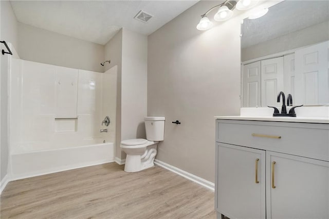 bathroom with toilet, shower / bath combination, wood finished floors, visible vents, and vanity