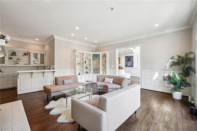 living room with crown molding and dark hardwood / wood-style flooring