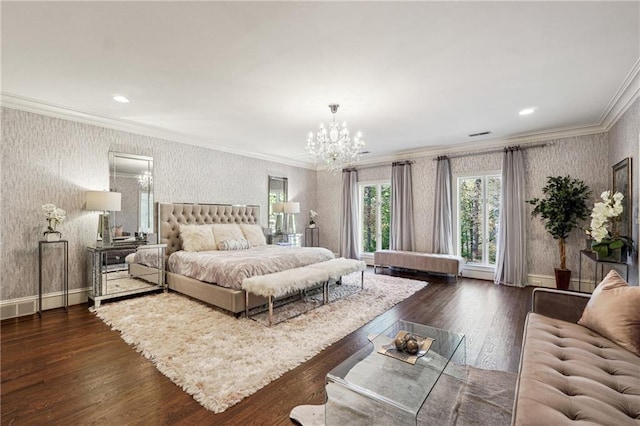 bedroom with dark wood-type flooring, ornamental molding, and a chandelier