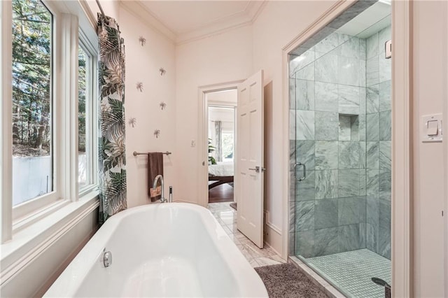 bathroom with crown molding and plus walk in shower