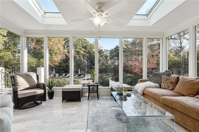 sunroom / solarium with a skylight and ceiling fan