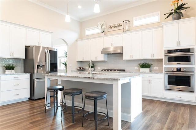 2665 Crowbrook Way, Cumming, GA 30040 - kitchen with under cabinet range hood, stainless steel appliances, healthy amount of natural light, backsplash, and crown molding