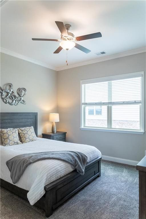 2665 Crowbrook Way, Cumming, GA 30040 - carpeted bedroom featuring baseboards, ornamental molding, and a ceiling fan