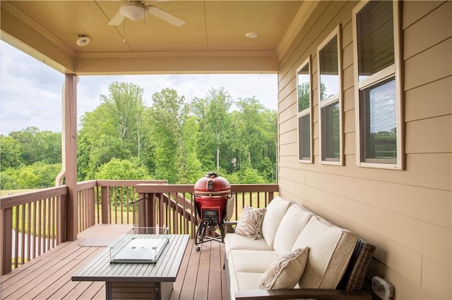 2665 Crowbrook Way, Cumming, GA 30040 - deck featuring ceiling fan, an outdoor hangout area, and a view of trees