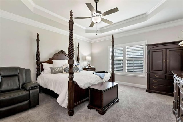 1311 Calgary Lk, Winder, GA 30680 - bedroom featuring a raised ceiling, light colored carpet, ornamental molding, and ceiling fan