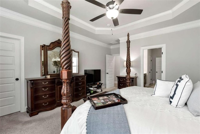 1311 Calgary Lk, Winder, GA 30680 - bedroom featuring a raised ceiling, carpet, crown molding, and a ceiling fan