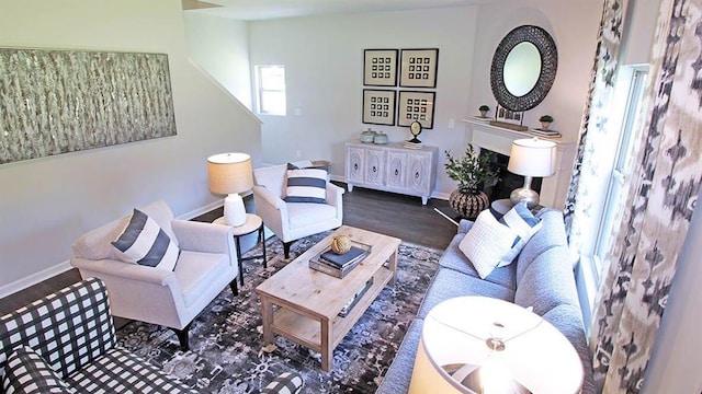 living room featuring dark wood-type flooring