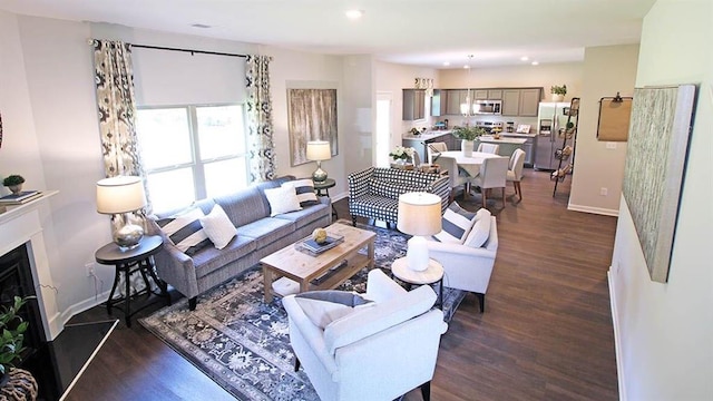 living room with dark wood-type flooring