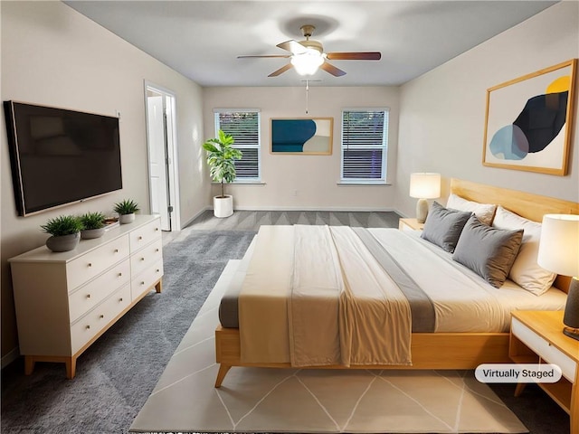 tiled bedroom with carpet