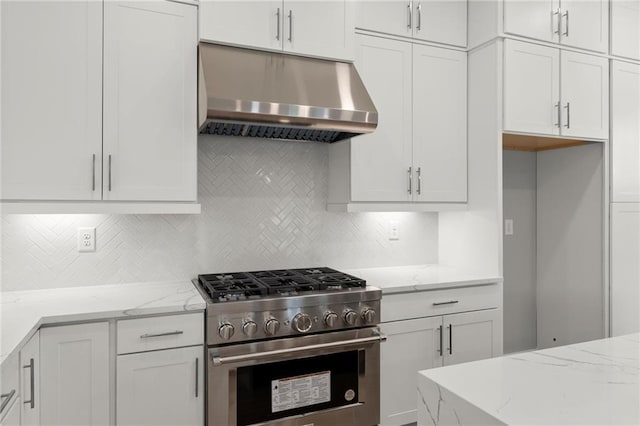 1420 Coretta Bnd, Atlanta, GA 30318 - kitchen featuring high end stainless steel range oven, under cabinet range hood, tasteful backsplash, and white cabinets