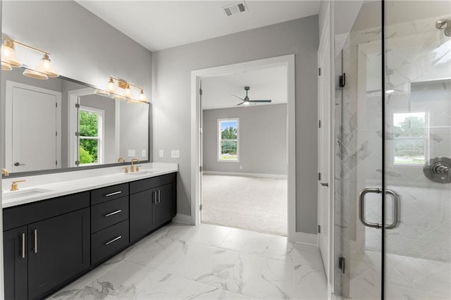 1420 Coretta Bnd, Atlanta, GA 30318 - bathroom featuring double vanity, baseboards, a marble finish shower, and ceiling fan