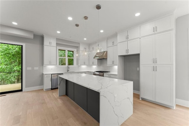1420 Coretta Bnd, Atlanta, GA 30318 - kitchen featuring stainless steel dishwasher, under cabinet range hood, a sink, light wood-type flooring, and white cabinetry