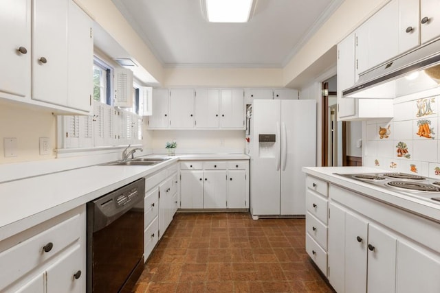 kitchen featuring sink, white cabinetry, white appliances, and ornamental molding