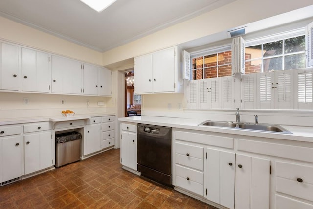 kitchen featuring dishwasher, white cabinetry, sink, stainless steel dishwasher, and crown molding