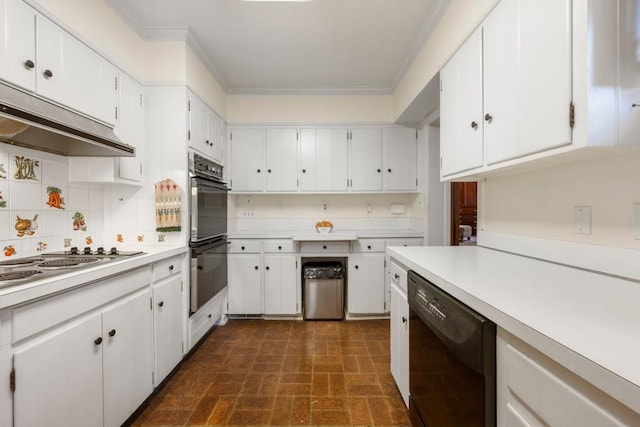 kitchen with double wall oven, white cabinetry, black dishwasher, and crown molding