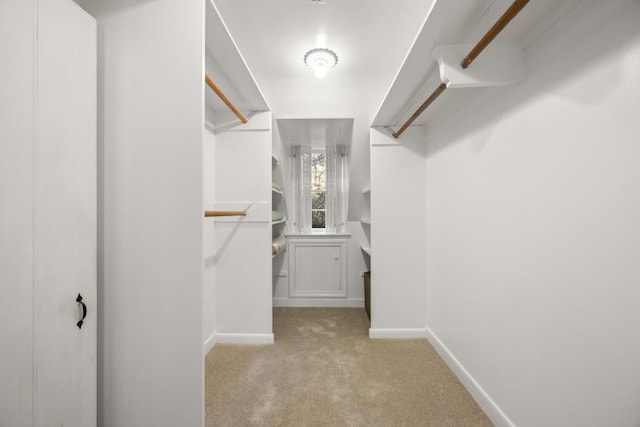 walk in closet featuring light carpet