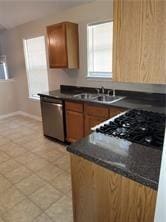 1752 Spring Hill Cv, Lithonia, GA 30058 - kitchen featuring brown cabinetry, dark countertops, baseboards, a sink, and stovetop