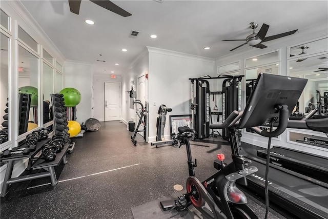 1055 Piedmont Ave NE Unit 106, Atlanta, GA 30309 - exercise room with a ceiling fan, crown molding, and recessed lighting
