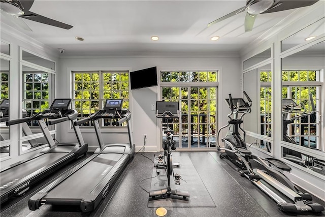 1055 Piedmont Ave NE Unit 106, Atlanta, GA 30309 - workout area with a ceiling fan, plenty of natural light, ornamental molding, and recessed lighting