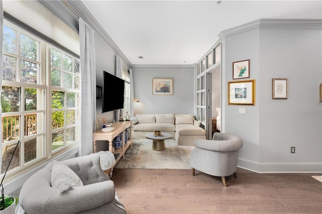 1055 Piedmont Ave NE Unit 106, Atlanta, GA 30309 - living room with wood finished floors, ornamental molding, and french doors