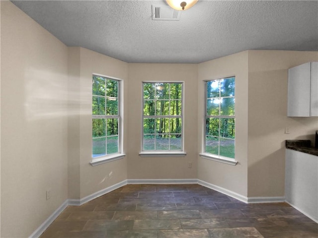 unfurnished dining area featuring a textured ceiling and plenty of natural light