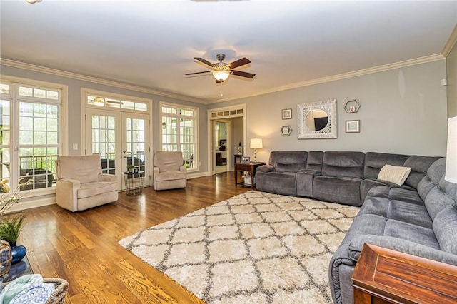 20 Jasmine Ct, Newnan, GA 30265 - living area featuring crown molding, wood finished floors, french doors, a ceiling fan, and plenty of natural light