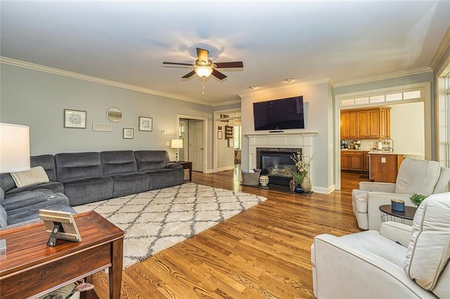 20 Jasmine Ct, Newnan, GA 30265 - living area with a ceiling fan, dark wood finished floors, ornamental molding, and a glass covered fireplace