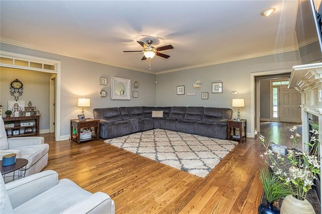 20 Jasmine Ct, Newnan, GA 30265 - living area featuring a ceiling fan, crown molding, and wood finished floors
