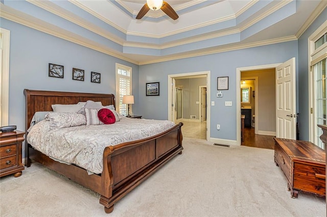 20 Jasmine Ct, Newnan, GA 30265 - bedroom with ornamental molding, light colored carpet, a raised ceiling, ceiling fan, and ensuite bathroom