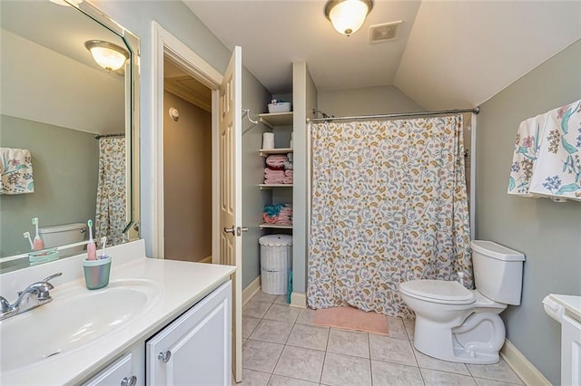 20 Jasmine Ct, Newnan, GA 30265 - full bathroom featuring vanity, tile patterned flooring, vaulted ceiling, and curtained shower