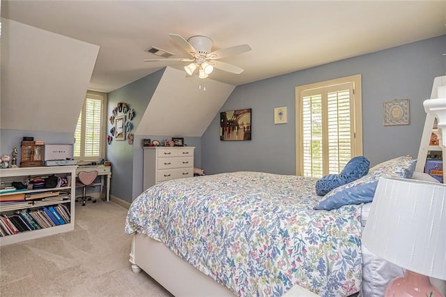 20 Jasmine Ct, Newnan, GA 30265 - bedroom featuring light colored carpet, vaulted ceiling, and ceiling fan