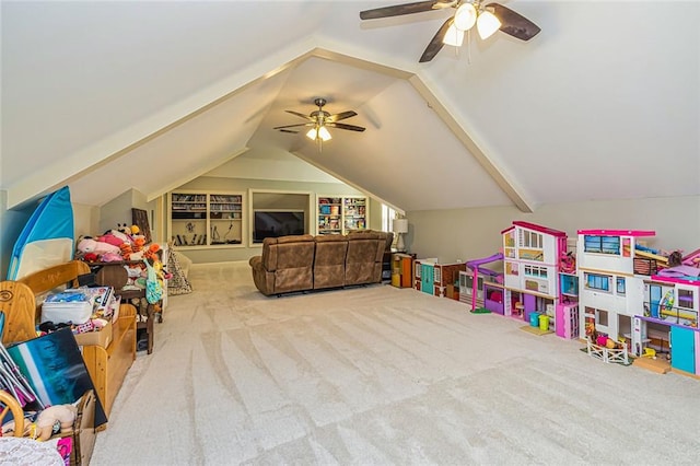 20 Jasmine Ct, Newnan, GA 30265 - game room featuring a ceiling fan, carpet, lofted ceiling, and built in features