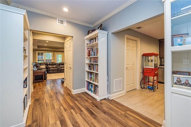 20 Jasmine Ct, Newnan, GA 30265 - hallway with crown molding, wood finished floors, and recessed lighting