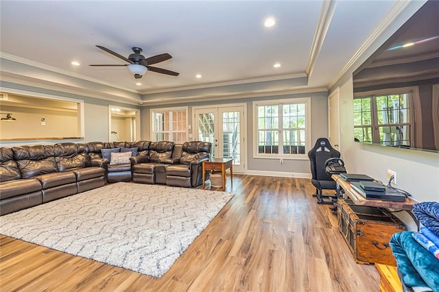20 Jasmine Ct, Newnan, GA 30265 - living area with ceiling fan, wood finished floors, ornamental molding, recessed lighting, and a tray ceiling