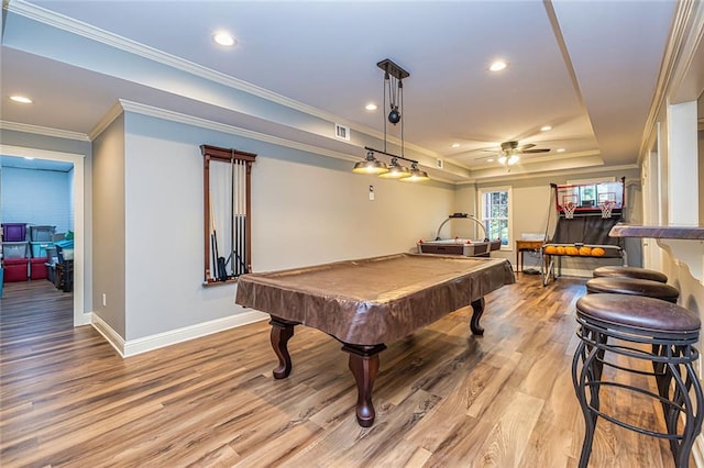 20 Jasmine Ct, Newnan, GA 30265 - recreation room featuring light wood finished floors, ceiling fan, recessed lighting, a tray ceiling, and pool table