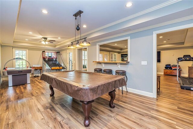 20 Jasmine Ct, Newnan, GA 30265 - recreation room with wood finished floors, billiards table, a raised ceiling, recessed lighting, and a ceiling fan