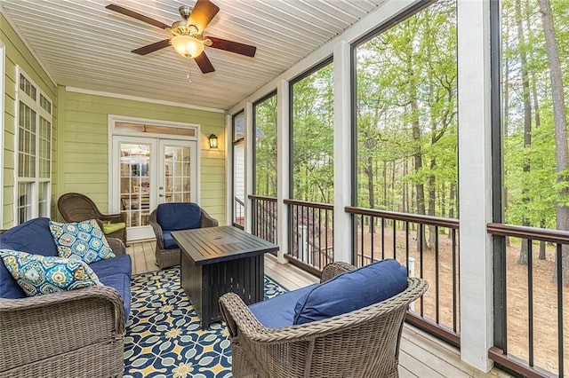 20 Jasmine Ct, Newnan, GA 30265 - sunroom / solarium with a ceiling fan, french doors, and an outdoor living space