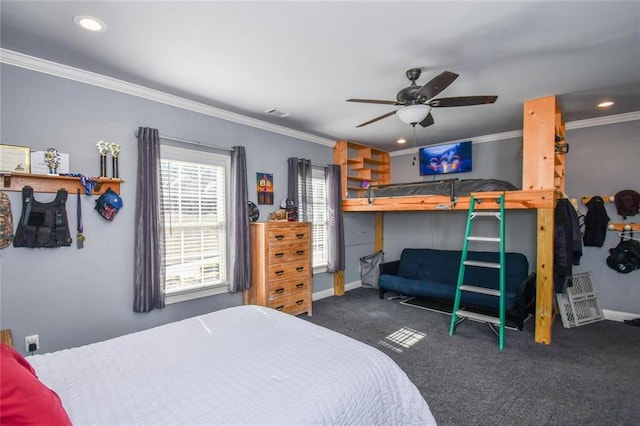 carpeted bedroom with baseboards, recessed lighting, and crown molding