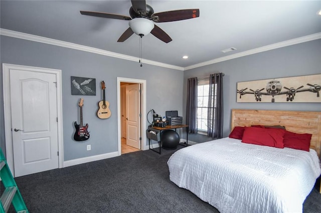 bedroom with baseboards, a ceiling fan, crown molding, carpet floors, and recessed lighting