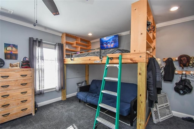 bedroom featuring carpet floors, baseboards, visible vents, and ornamental molding