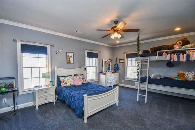 bedroom featuring carpet, crown molding, and baseboards